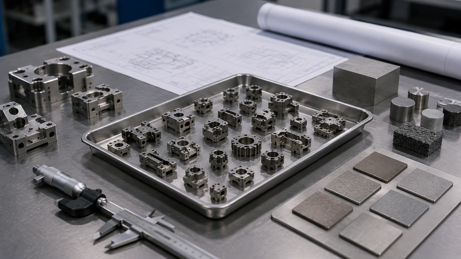 MIM-Materialprüfung für Wärmebehandlung Kleine komplexe MIM-Metallteile auf einem Ingenieur-Arbeitsplatz zur Materialauswahl und Wärmebehandlungsprüfung.