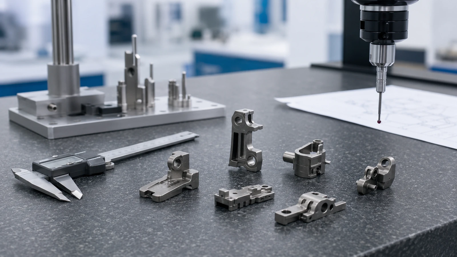 Small heat treatable MIM parts under dimensional inspection to review distortion risk, functional surfaces, and post-treatment tolerance.