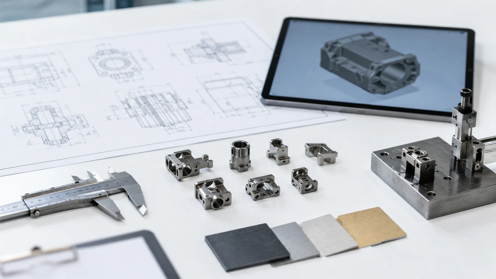Engineering RFQ preparation scene with a blurred drawing, 3D model, MIM metal samples, and inspection tools for heat treatable material review.