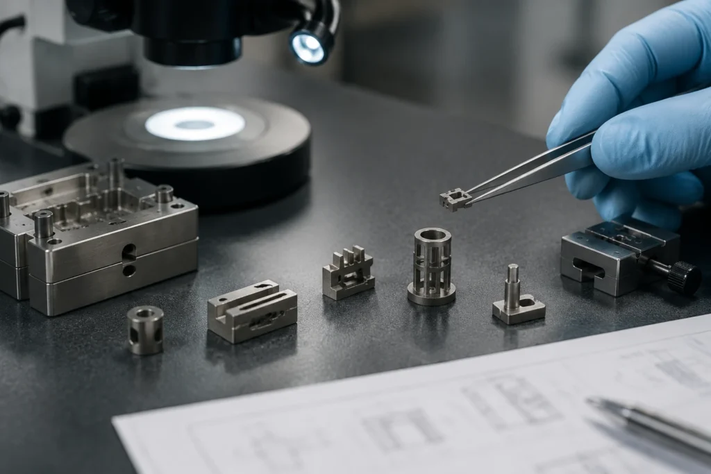 Micro MIM engineering review with miniature metal injection molded components, microfeatures, a blurred drawing, tooling inserts, and optical inspection equipment.