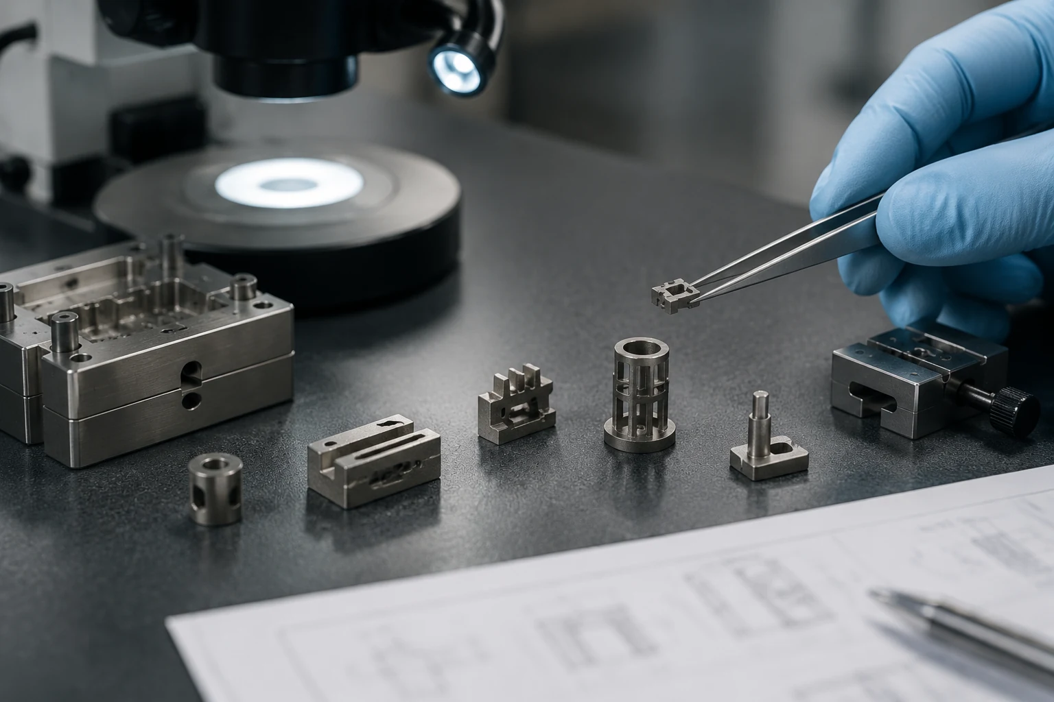 Micro MIM engineering review with miniature metal injection molded components, microfeatures, a blurred drawing, tooling inserts, and optical inspection equipment.