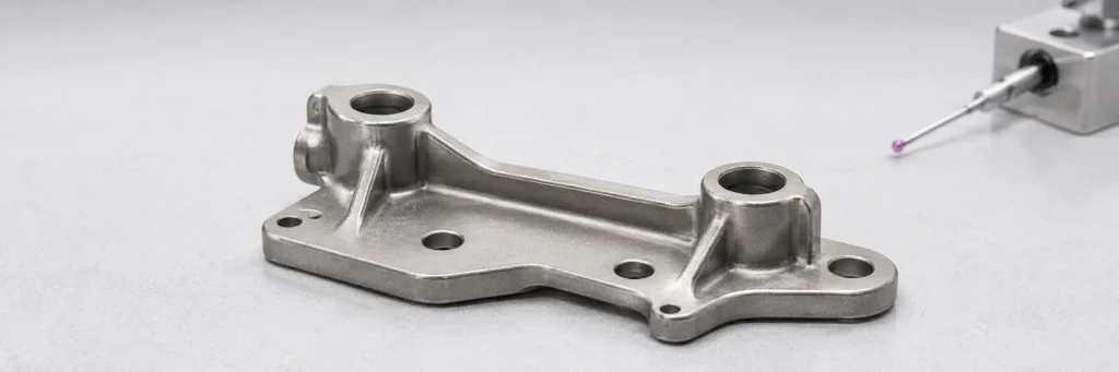 Compact sintered metal bracket with ribs, cored bosses, mounting holes and stable datum faces on an inspection bench
