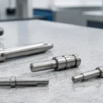 Precision MIM shafts and pins arranged on an industrial inspection bench with dimensional measuring tools for roundness and straightness review