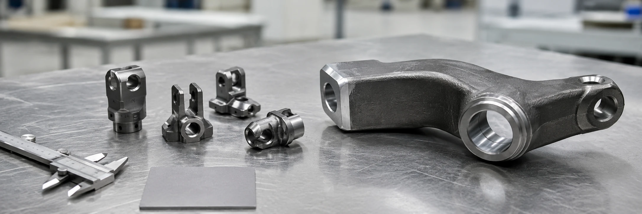 Representative engineering comparison of small complex MIM parts and a larger forged steel component on an industrial review bench