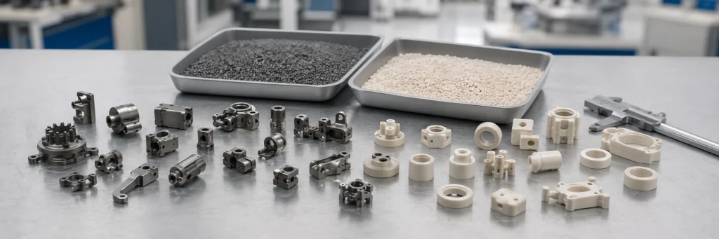 Small precision metal and technical ceramic components arranged with prepared feedstock samples on a PIM engineering review bench