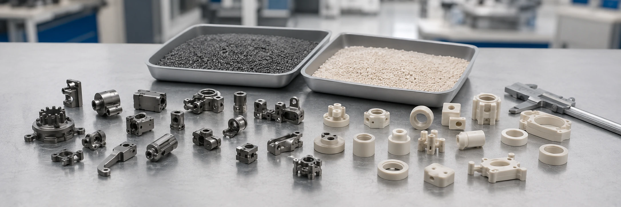 Small precision metal and technical ceramic components arranged with prepared feedstock samples on a PIM engineering review bench