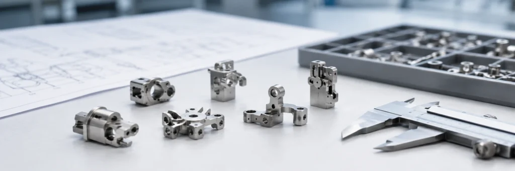 Small complex metal MIM parts arranged on an engineering review workbench with measuring tools
