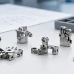 Small complex metal MIM parts arranged on an engineering review workbench with measuring tools