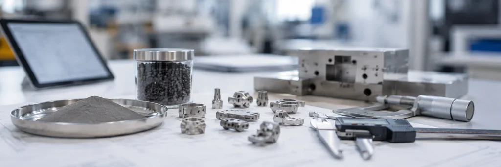 Small complex MIM metal parts with powder and feedstock samples on an engineering review desk Title Attribute: What Is Metal Injection Molding Hero