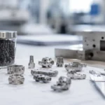 Small complex MIM metal parts with powder and feedstock samples on an engineering review desk Title Attribute: What Is Metal Injection Molding Hero