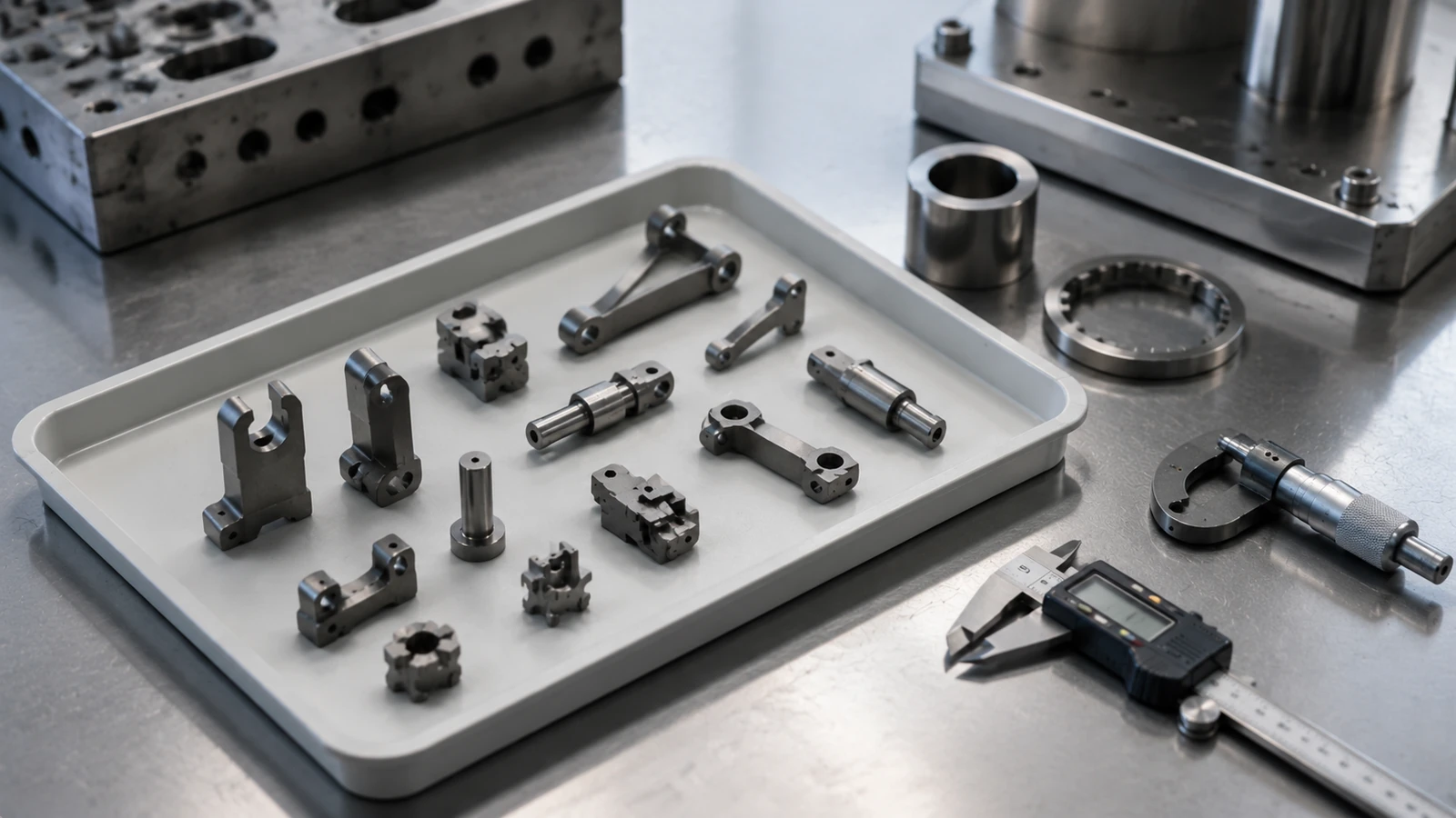 Structural Fe-Ni MIM Parts Review Small structural Fe-Ni MIM components reviewed with dimensional inspection tools and a technical drawing