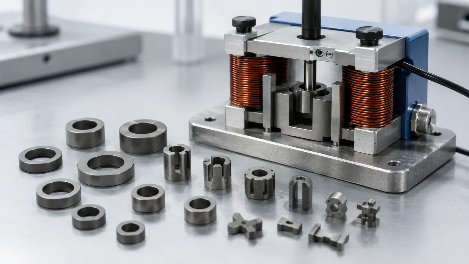 Fe-50Ni Soft-Magnetic MIM Review Small Fe-50Ni soft-magnetic MIM components positioned near a neutral magnetic test fixture on an engineering bench