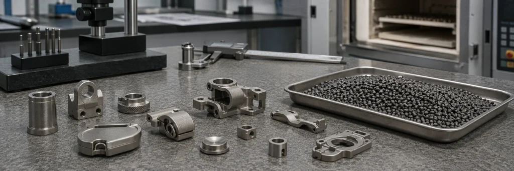 Austenitic stainless steel MIM components with prepared feedstock pellets and an engineering material review setup