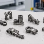 Small precision MIM low-alloy steel components, prepared feedstock pellets and heat-treatment samples arranged for an engineering material review.
