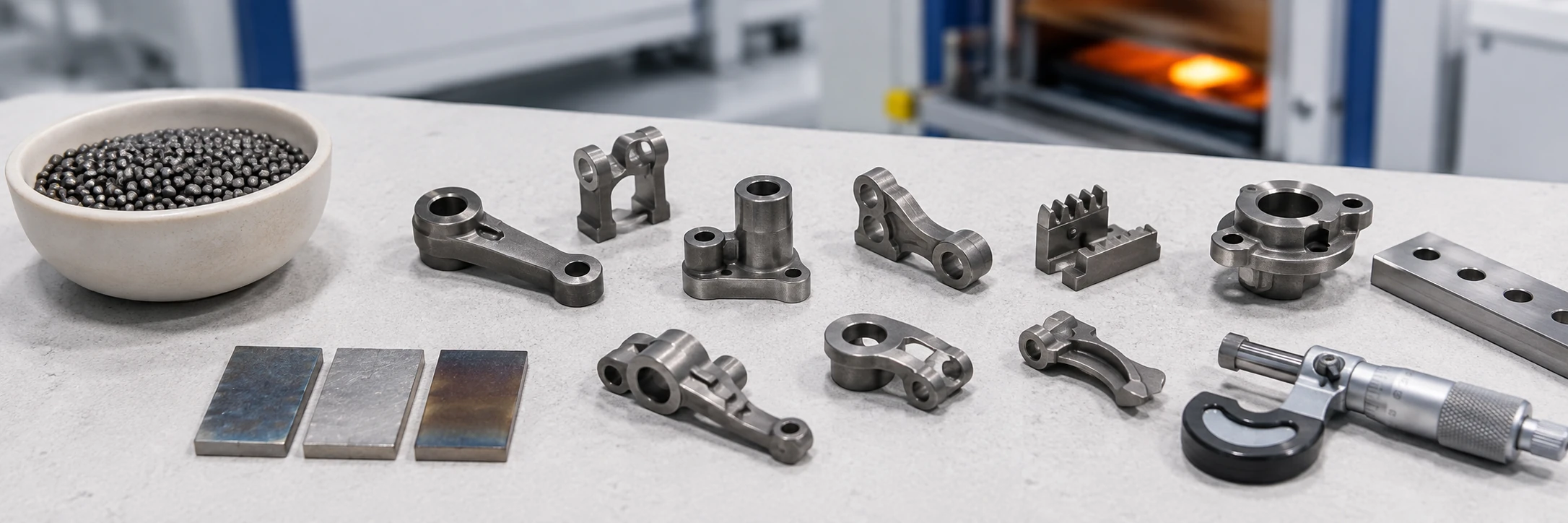 Representative illustration of MIM low-alloy steel parts, prepared feedstock and heat-treatment review elements for chromium-bearing material selection.
