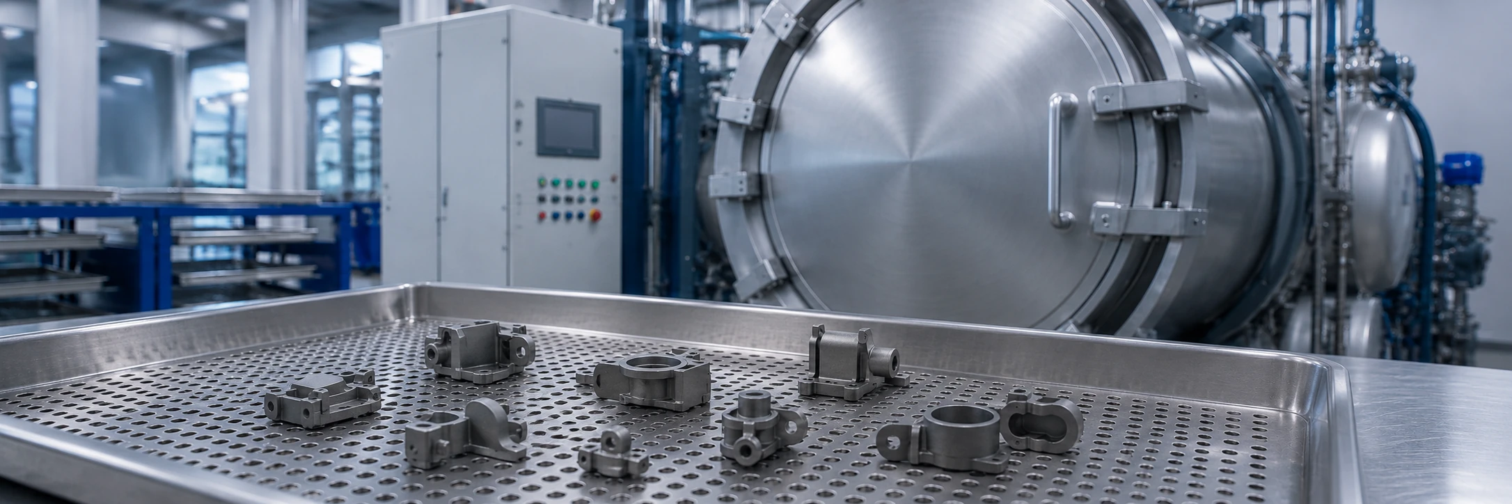 Precision sintered MIM parts in a metal tray with a representative hot isostatic pressing vessel in the background