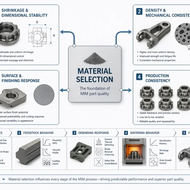 How material selection affects MIM part quality across shrinkage density surface and consistency