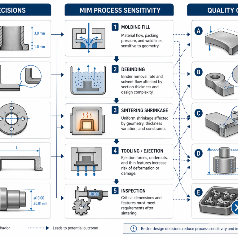 Diagram showing how MIM part design choices such as wall thickness, holes, sharp corners, support condition, and tolerance strategy affect distortion, cracking, flash, and dimensional stability