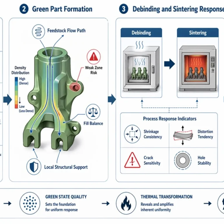 Diagrama que muestra cómo el diseño del molde afecta el flujo del feedstock, la uniformidad de la pieza en verde, el comportamiento de desaglutinado y sinterizado, y la calidad final de la pieza MIM