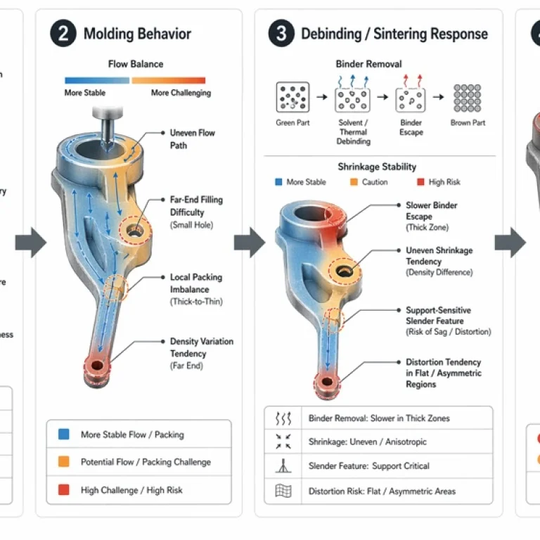 Diagram showing how part dimensions affect molding, debinding, sintering, and final quality in metal injection molding