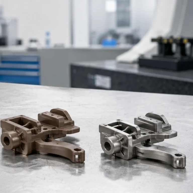 MIM green and sintered metal parts under engineering review for sintering defect analysis.
