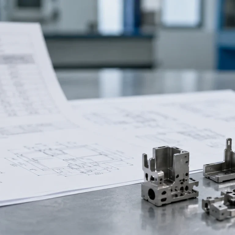 Engineering review desk with MIM material documents, small complex metal parts, drawings, and measuring tools for RFQ decision review.