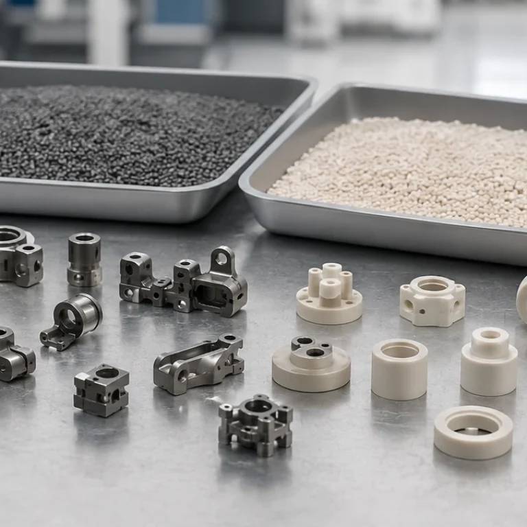 Small precision metal and technical ceramic components arranged with prepared feedstock samples on a PIM engineering review bench