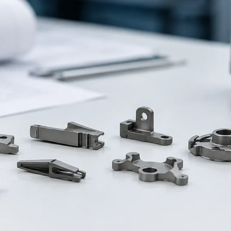 Engineering review desk with small complex metal parts, a casting-like reference part, calipers, and blurred drawings for a MIM vs investment casting size and weight review.