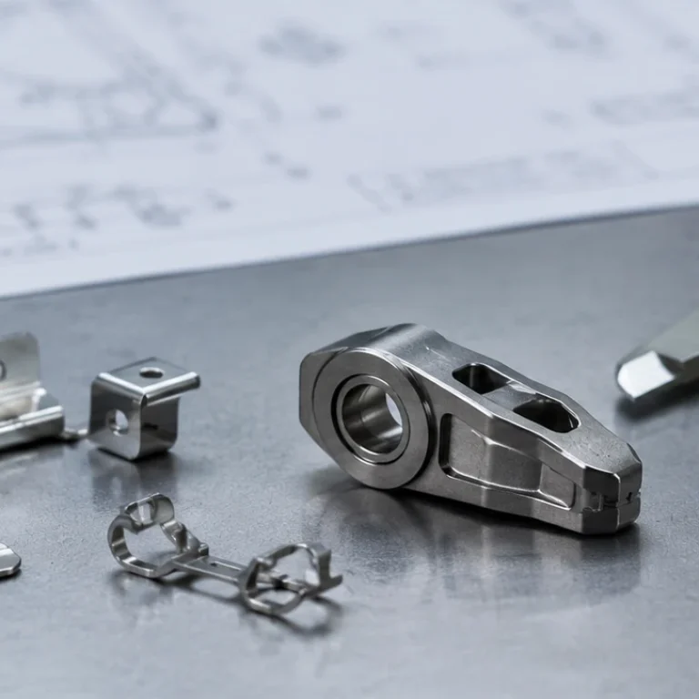 Escritorio de revisión de ingeniería mostrando pequeñas piezas estampadas ensambladas junto a un componente MIM compacto de una sola pieza para revisión de selección de proceso.