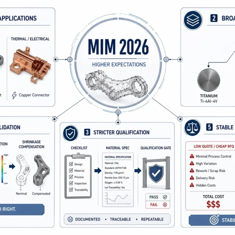 Infographie d'aperçu montrant les cinq tendances les plus importantes de l'industrie MIM en 2026, notamment les applications à plus forte valeur ajoutée, l'élargissement des matériaux, une qualification plus stricte, une validation précoce de la conception et une logique d'approvisionnement basée sur des procédés stables.